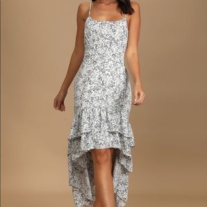 LuLu’s White Floral Print Ruffled High-Low Maxi Dress